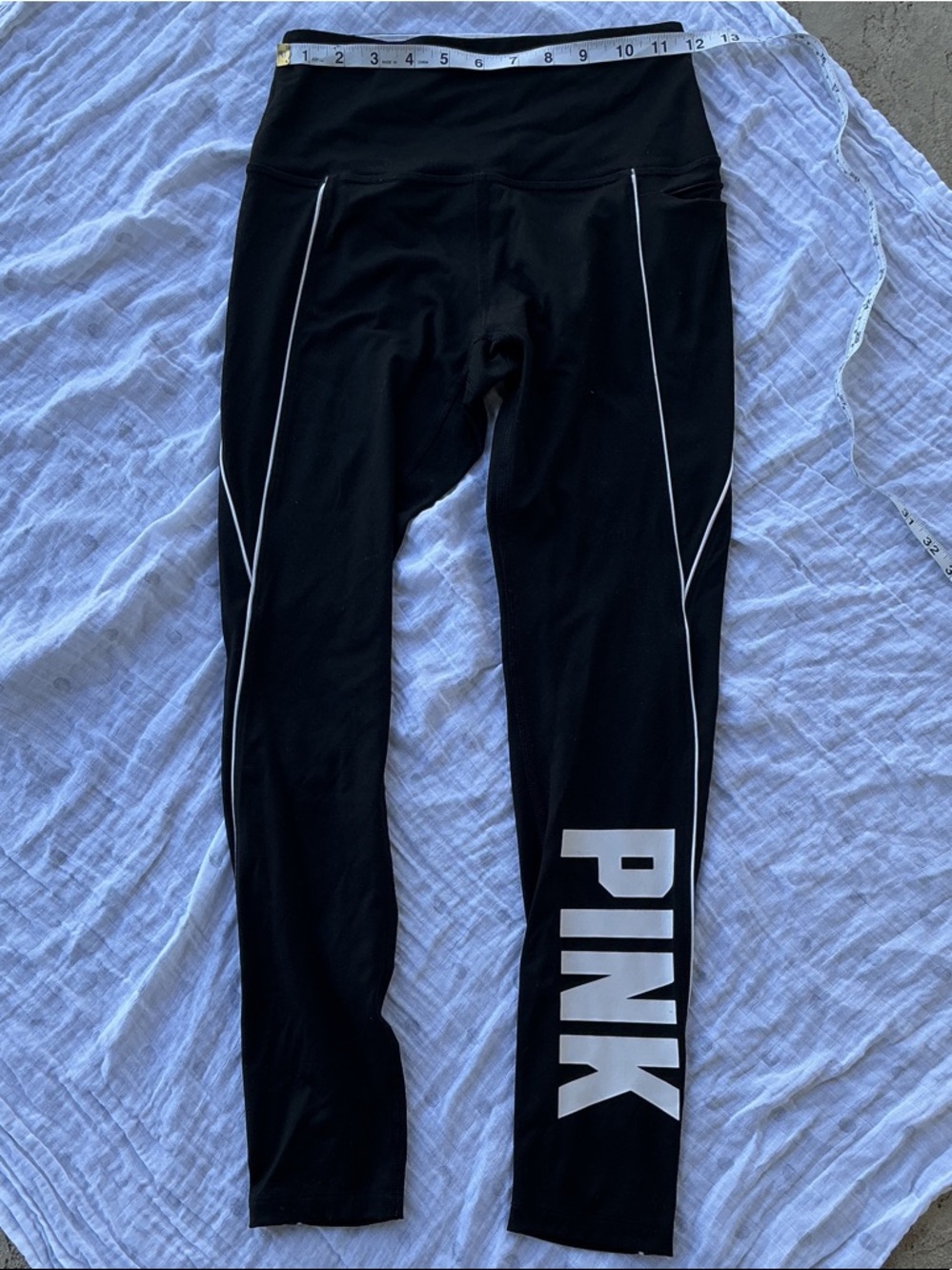 PINK Black Leggings with White Logo and Piping